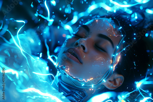 Wallpaper Mural Beautiful woman with cybernetic implants and exoskeleton, framed by glowing blue energy in a sci-fi movie scene Torontodigital.ca