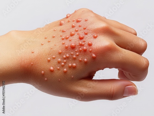 Closeup of hand covered in red bumps a stark reminder of the discomfort and visual impact of a skin condition photo