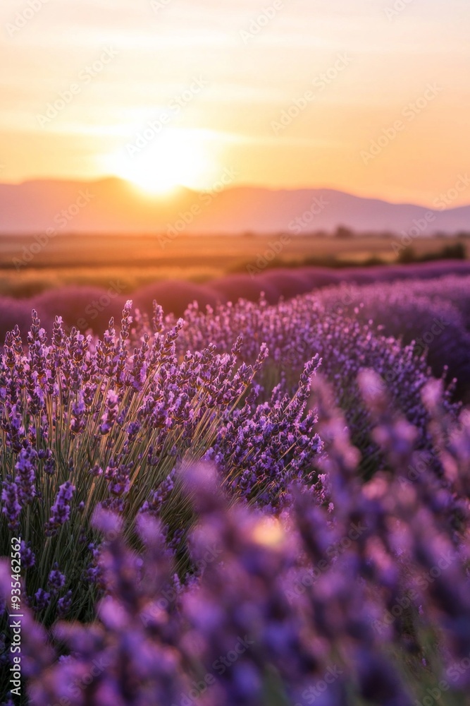 Obraz premium A vast lavender field in full bloom under a golden sunset, the purple flowers contrasting with the orange and pink sky.