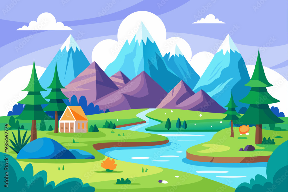 Obraz premium Serene Mountain Landscape with Winding River and Cottage