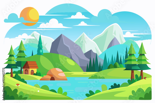 Picturesque Mountain Landscape with a Cabin by a Lake