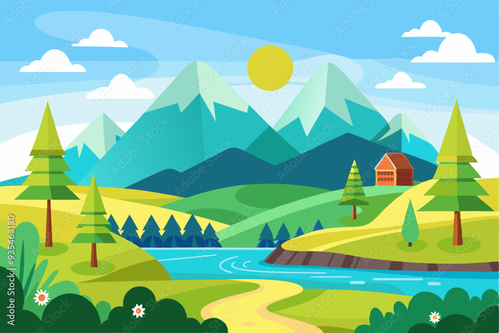 Obraz premium A Tranquil Mountain Valley with a Winding River