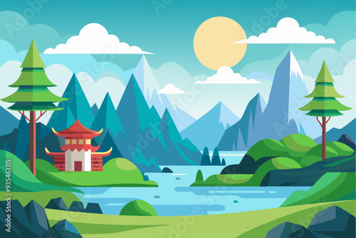 Mountainous Landscape with a Red Pagoda and a River