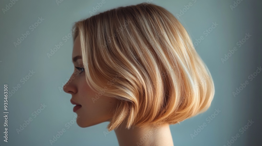 A woman showcases a modern bob haircut, featuring blonde highlights, while posing in profile against a subtle blue backdrop. A woman showcases a modern bob haircut, featuring blonde highlights, while posing in profile against a subtle blue backdrop.