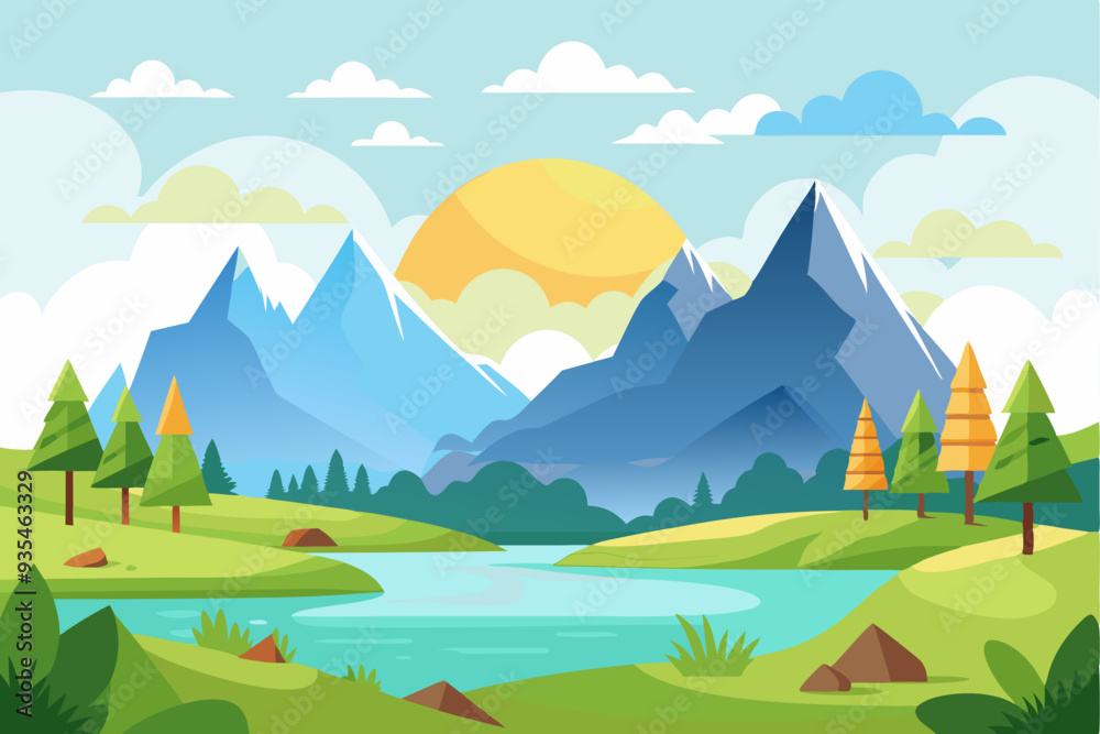 Fototapeta premium Serene Mountain Landscape with River and Lush Greenery