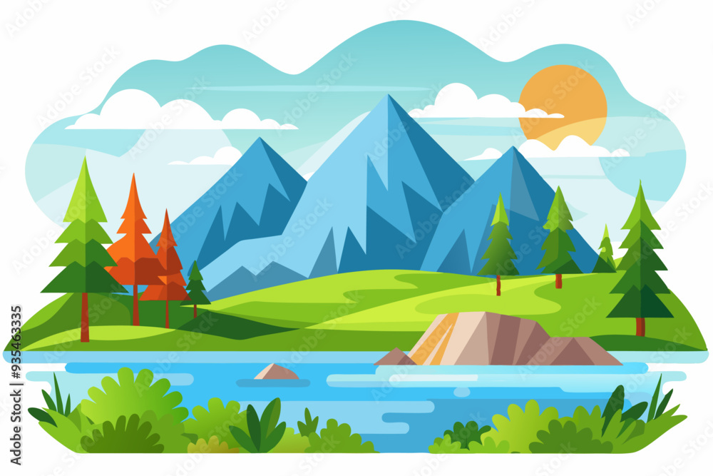 Obraz premium Mountainous Landscape with River, Trees, and Sun