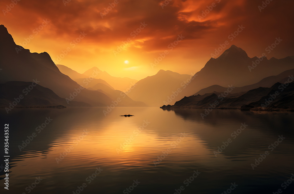 a sunrise in the mountains over a body of water, generative ai a sunrise in the mountains over a body of water, generative ai