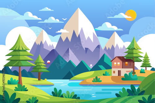 Mountainous Landscape with River, Cabin, and Pine Trees