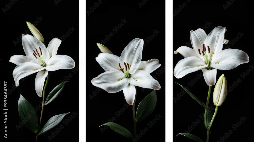 Fototapeta premium Three white flowers are displayed on a dark blue background in this art poster set