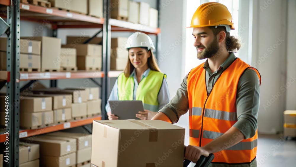 Warehouse staff loading goods onto a pallet, with shelves and inventory in the background.
Warehouse staff loading goods onto a pallet, with shelves and inventory in the background.