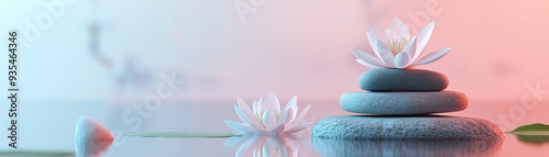 Tranquil scene with stacked stones and white lotus flowers on calm water, perfect for relaxation and meditation themes.