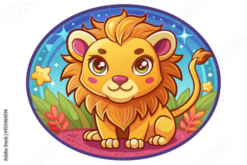 Cute Cartoon Lion Cub with Big Eyes Sitting on a Floral Ground
