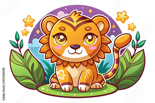 Adorable Cartoon Lion Cub with Flowers and Leaves