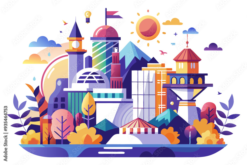 Obraz premium Colorful Cityscape with Buildings, Mountains, and Trees