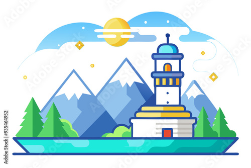 A Lighthouse on a Lake with Mountains in the Background