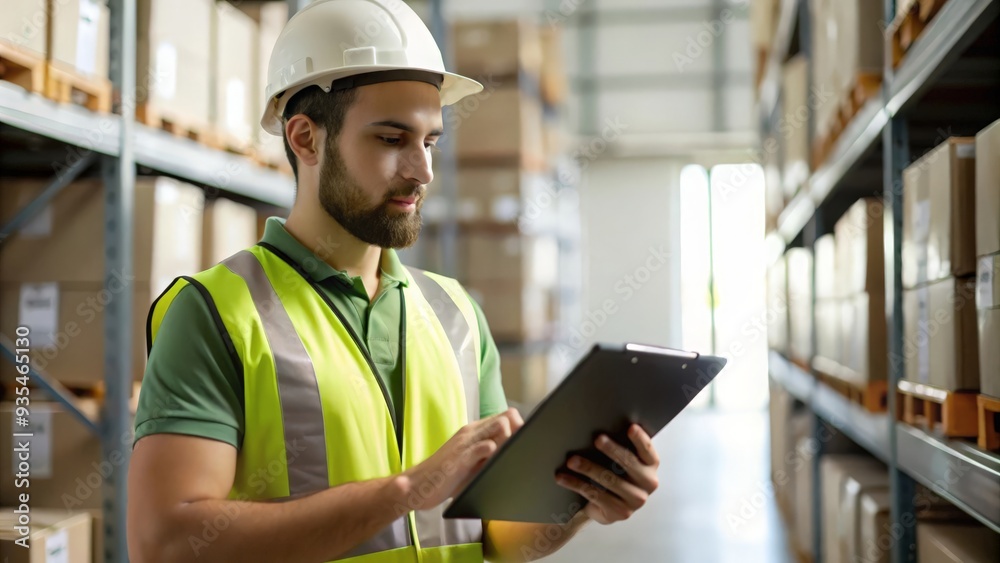 Fototapeta premium A distribution center worker checking stock levels on warehouse racks.