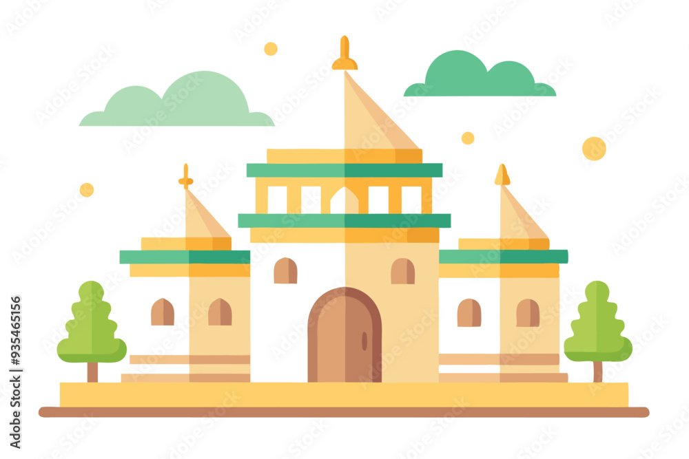 Fototapeta premium Flat Illustration of a Mosque Building with Surrounding Trees and Clouds