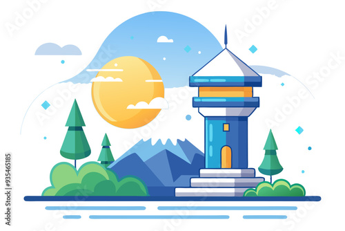 A Tall Blue Tower in a Mountainous Landscape with a Bright Yellow Sun