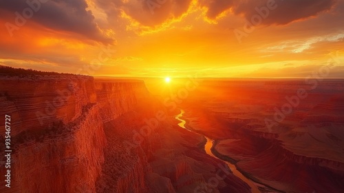 Sunset over the Grand Canyon, capturing the vibrant orange and red hues reflecting off the jagged cliffs, with dramatic shadows and the Colorado River winding through the landscape