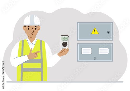 A male electrical engineer holds a digital multimeter in his hand and stands next to an electrical cabinet. Vector flat illustration