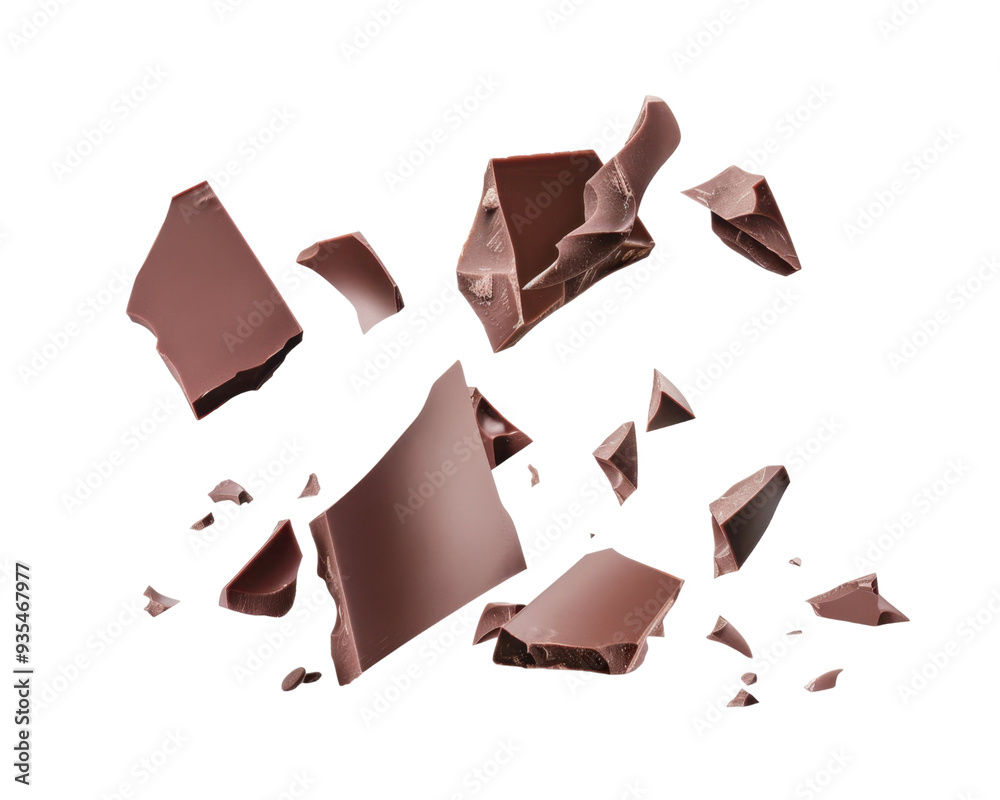 Broken pieces of chocolate scattered on a surface. Broken pieces of chocolate scattered on a surface.