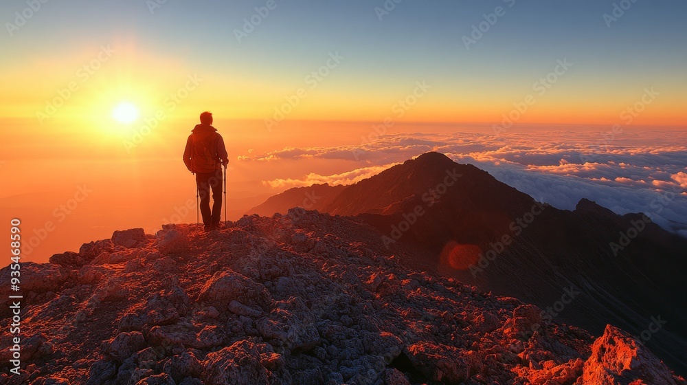Silhouetted Hiker on Mountain Silhouetted Hiker on Mountain