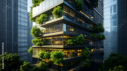 Environmentally friendly buildings in modern cities Sustainable glass office building with carbon-reducing trees Office building with green by AI generated image #935469108