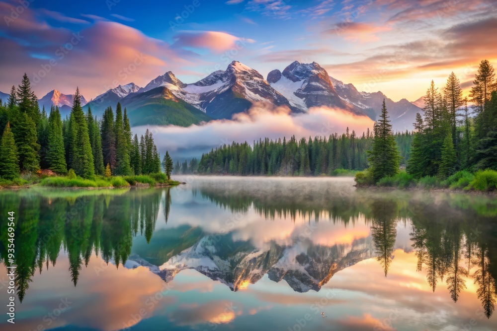 serene misty mountain lake at dawn with mirror-like reflections of snow-capped peaks and lush green forest in soft pastel hues serene misty mountain lake at dawn with mirror-like reflections of snow-capped peaks and lush green forest in soft pastel hues