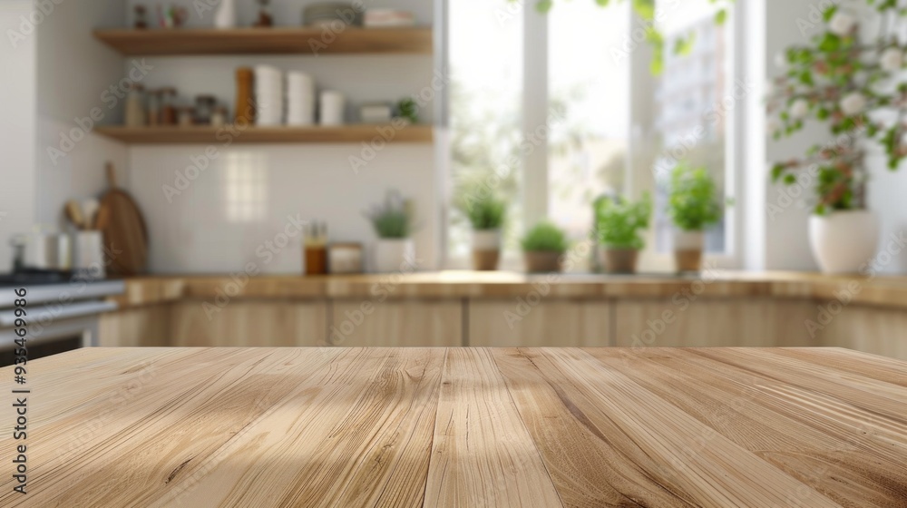 Natural light streams through windows, illuminating a rustic wooden kitchen table against a backdrop of greenery and open shelving. A tranquil cooking space awaits Natural light streams through windows, illuminating a rustic wooden kitchen table against a backdrop of greenery and open shelving. A tranquil cooking space awaits