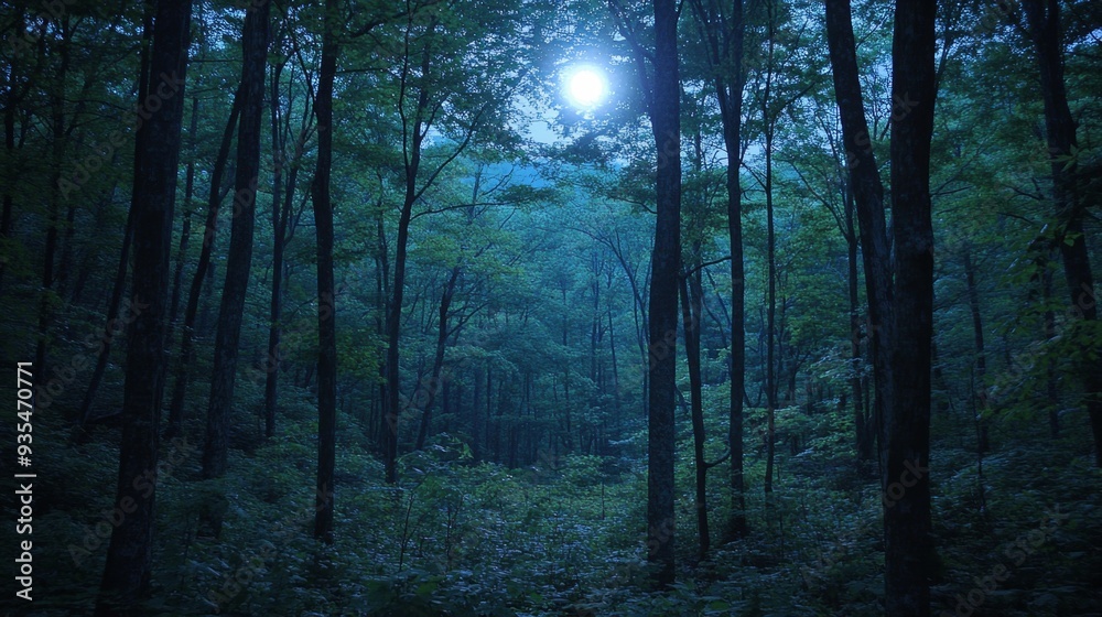 Obraz premium 12082007 56 A serene forest at night, with the moonlight filtering through the trees --ar 16:9 --style raw --stylize 250 --v 6.1 Job ID: 7eaf68e7-64d9-4c25-bf4e-51280b960585