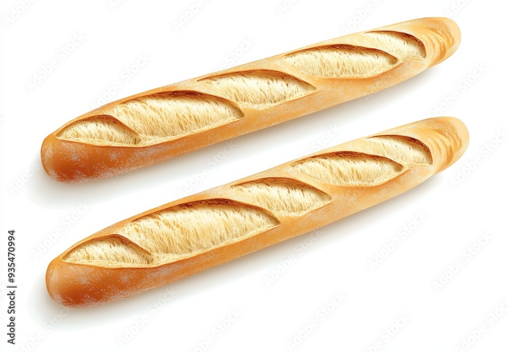 A white background depicts a loaf of bread on the left and a white bun and baguette on the right. A white background depicts a loaf of bread on the left and a white bun and baguette on the right.