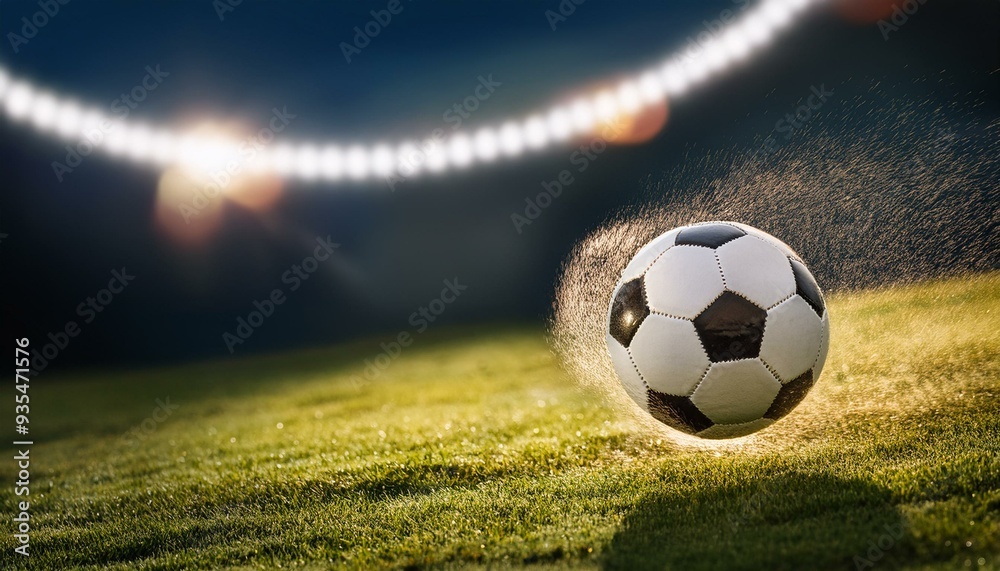 Dynamic soccer ball in motion on lush green grass, illuminated by ...