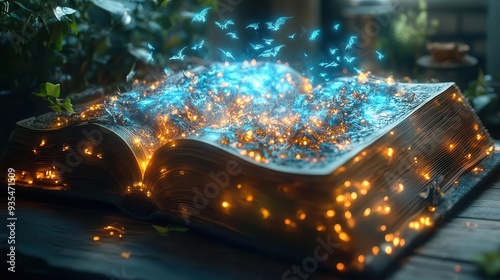 ancient tome sprouting fantastical popup world glowing runes miniature flying dragons swirling magical mist