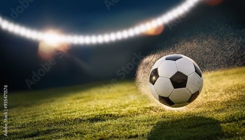 Dynamic soccer ball in motion on lush green grass, illuminated by bright stadium lights. Perfect for sports and action themes.