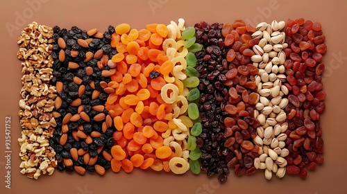 Isolated grouping of dried fruits and nuts on a brown background photo