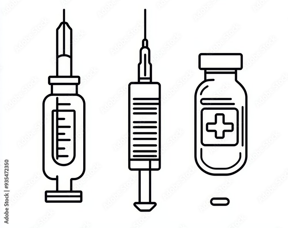 Modern, editable illustration of a vaccine and injection syringe. Continuous line drawing of medical instruments. Modern, editable illustration of a vaccine and injection syringe. Continuous line drawing of medical instruments.