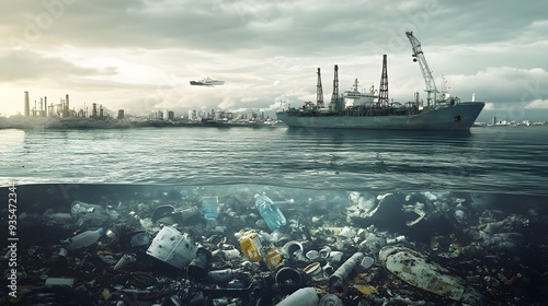 24. Render of a polluted harbor with industrial waste and plastics impacting marine biodiversity, set against a smooth background