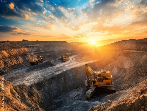 Vibrant sunset over large open pit mine with heavy machinery and workers in action