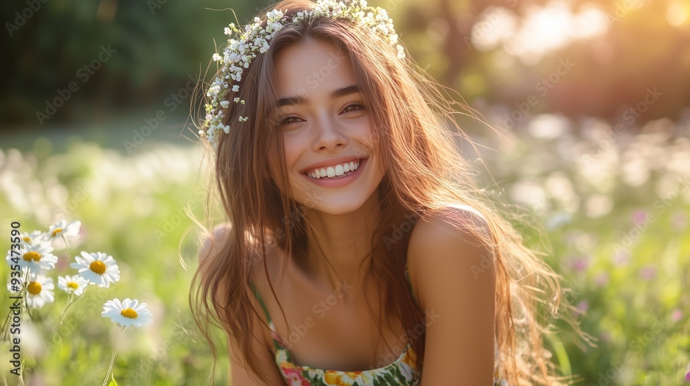 A joyful woman with wildflowers in her hair sits in a sunlit park, exuding beauty and confidence. A joyful woman with wildflowers in her hair sits in a sunlit park, exuding beauty and confidence.