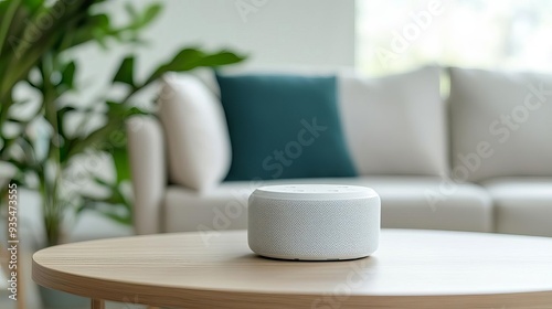 Smart health assistant device placed in a modern living room, home healthcare tech, telemedicine innovation