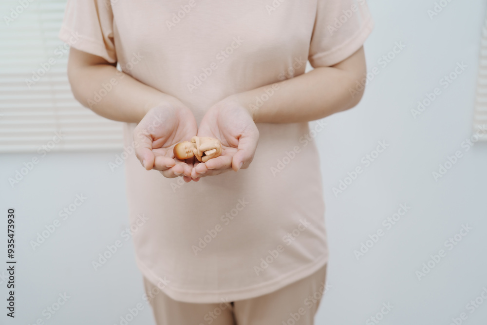 Obraz premium A side view studio portrait of a smiling young Asian pregnant woman gently touching her abdomen. The cut-out, white background highlights her joy, anticipation, and love for the new life she carries.