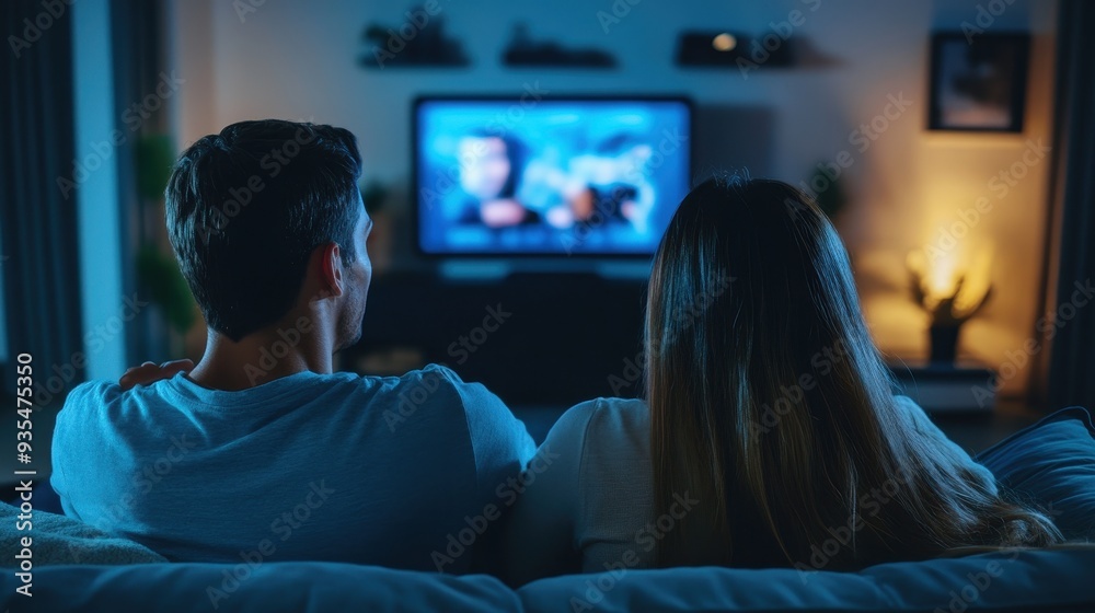 A Caucasian couple relaxes together on a sofa, watching a show on TV while enjoying each other's company in their cozy living room A Caucasian couple relaxes together on a sofa, watching a show on TV while enjoying each other's company in their cozy living room