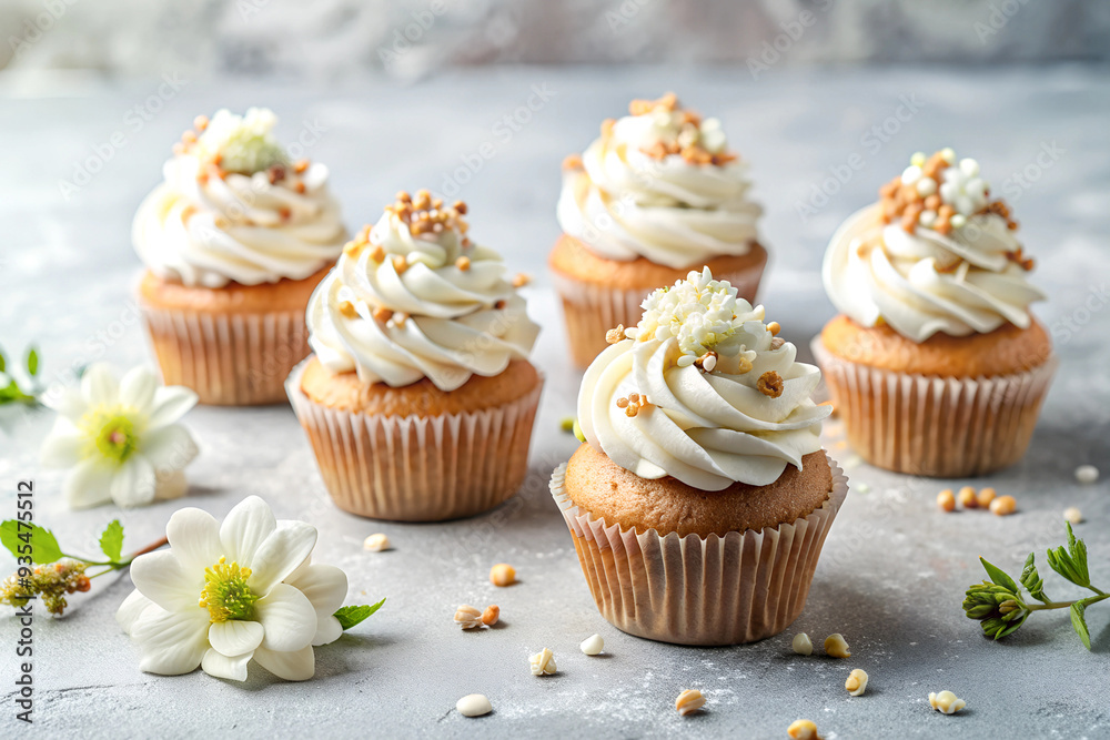 Elegant Gourmet Cupcakes with White Frosting and Colorful Sprinkles: Perfect for Joyful Celebrations and Enticing Dessert Presentations Elegant Gourmet Cupcakes with White Frosting and Colorful Sprinkles: Perfect for Joyful Celebrations and Enticing Dessert Presentations