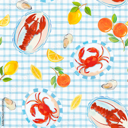 Beautiful seamless pattern with watercolor hand drawn seafood and fruits. Lobster and crab on dishes with lemons on white and blue tablecloths. Mediterranean print design. Italian style pattern.