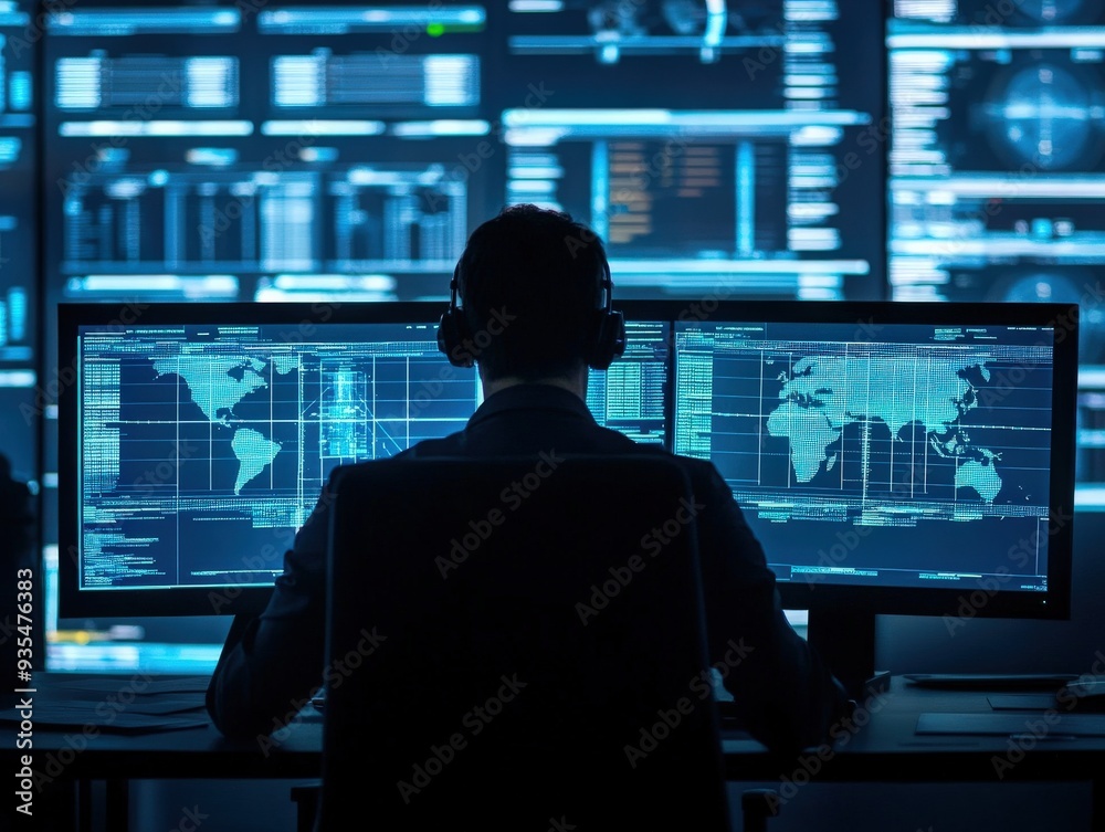 A focused individual monitors data on dual screens, immersed in advanced analytics and technology for insight generation. A focused individual monitors data on dual screens, immersed in advanced analytics and technology for insight generation.