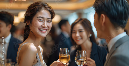 An five wealthy Asian business looking each other and having conversations without drink in the luxury ballroom gala dinner, networking, smiling. Generative AI.