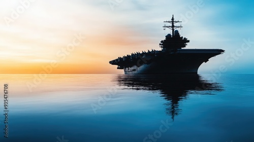 A majestic aircraft carrier silhouetted against a stunning sunset, reflecting on calm waters, symbolizing power and tranquility.