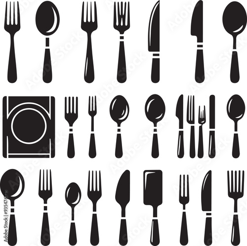 Spoon Knife And Fork black vector, set of Cutlery Icon Silhouette,