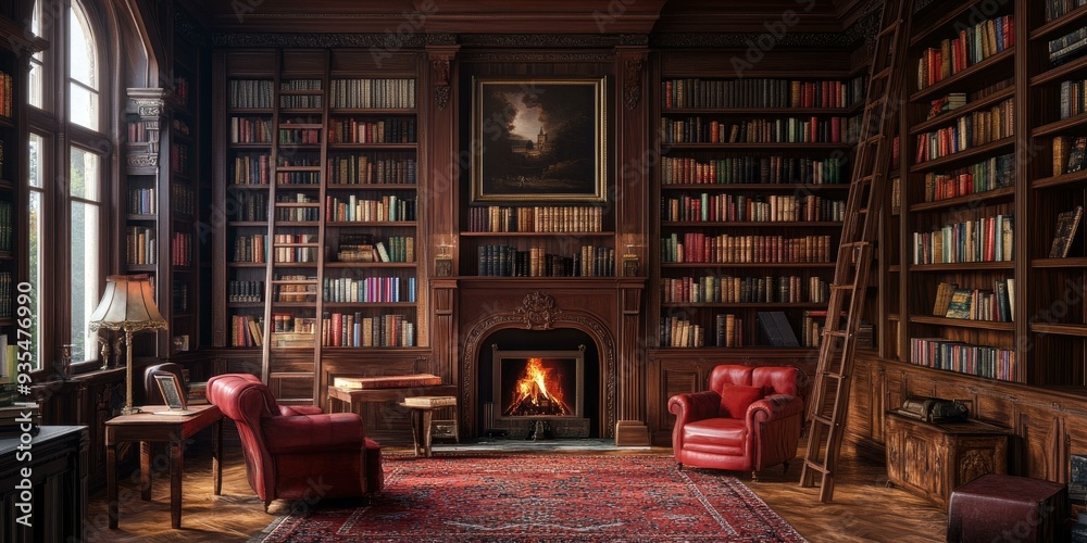 Cozy library with fireplace and red armchairs. Cozy library with fireplace and red armchairs.