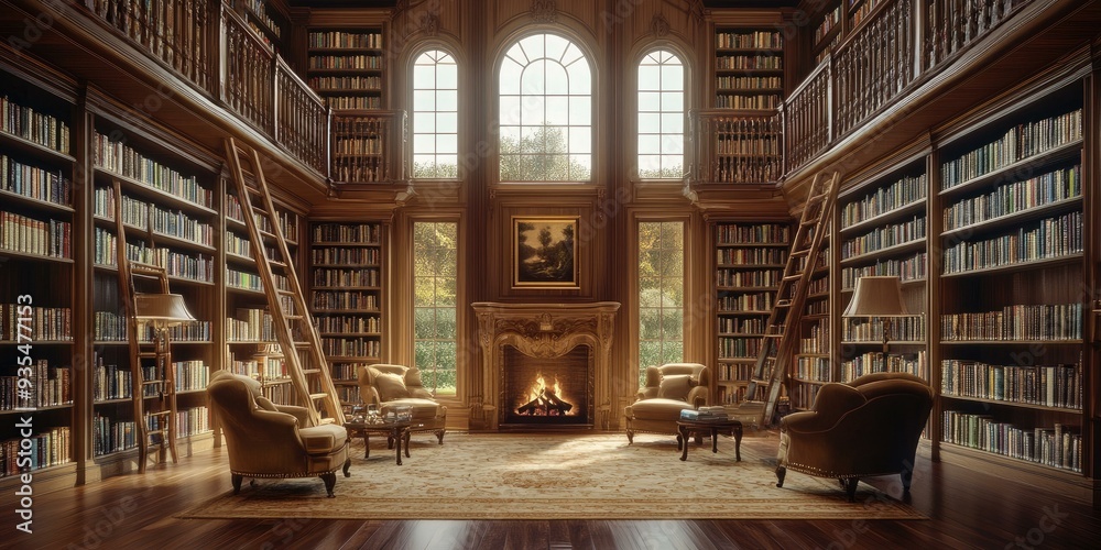 A grand library with a fireplace and two armchairs. A grand library with a fireplace and two armchairs.